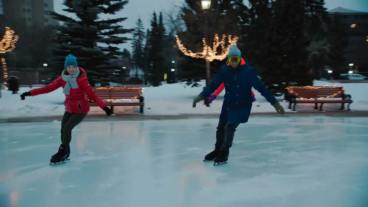 Entering from left, three friends gliding on ice under lit lampposts, woman in red jacket leading