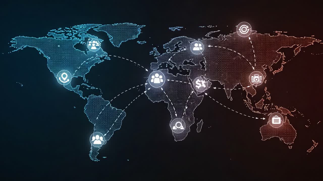 Global Connections and Networks Illustrated: A Visual Representation of Interconnected Data Across Different Continents and Regions