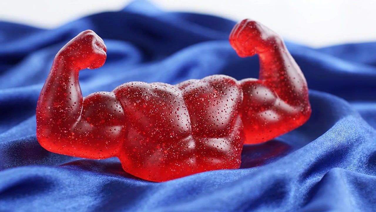 Una figura sorprendente di una caramella dalla forma robusta di un rosso vivace, che riposa su una superficie liscia di raso blu, catturando l'attenzione con la sua texture lucida e il suo design audace.