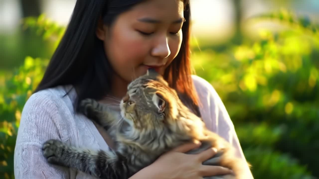 A Bond of Love: A Woman Cherishes and Cuddles Her Adorable Cat in a Sunlit Meadow, Sharing Moments of Joy and Companionship Amidst Nature's Beauty