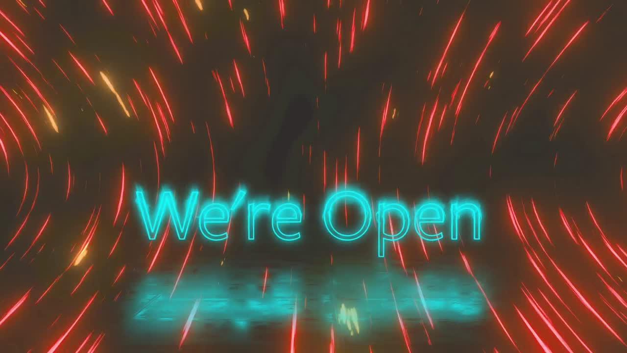 Animation of we're open text over light trails on black background