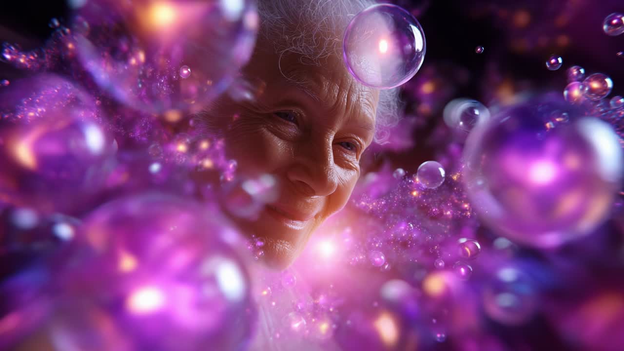 An Enchanting Journey Through Colorful Bubbles: The Radiant Joy and Serene Smile of an Elderly Woman Captured in a Surreal, Dreamlike Atmosphere Filled with Vibrant Hues and Mystical Shapes