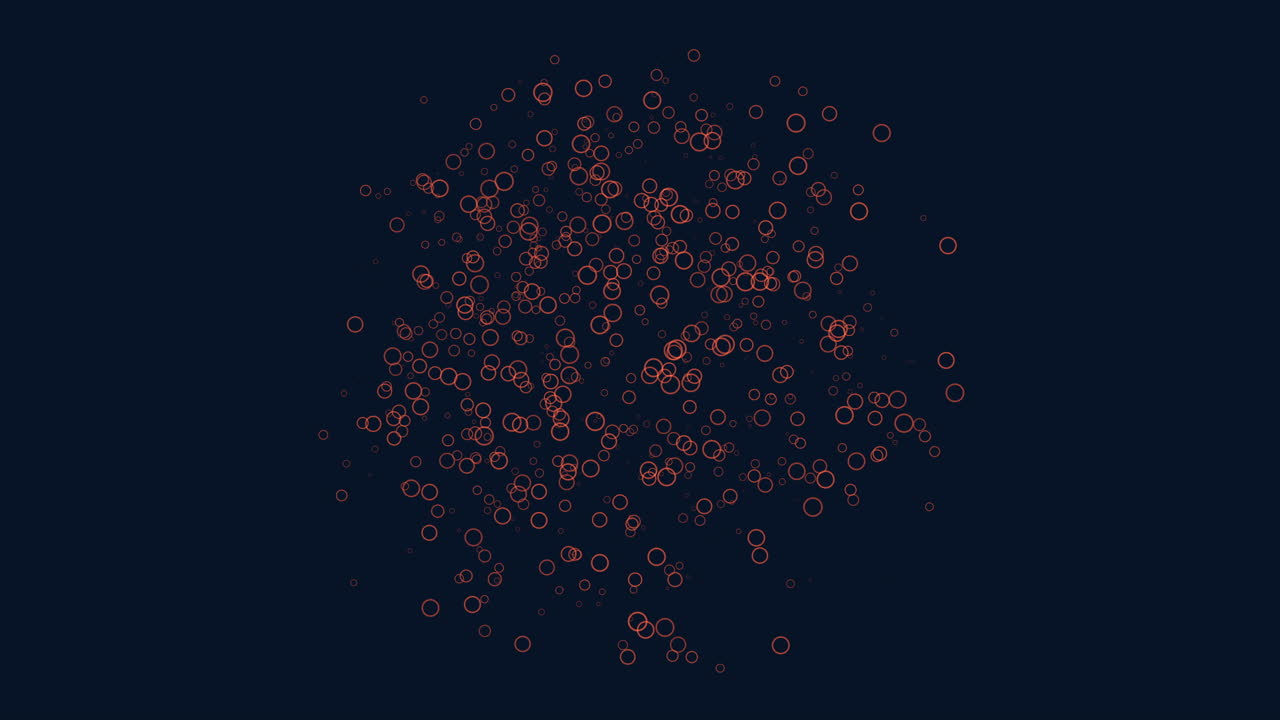Abstract footage of glowing red ring particles drifting and swirling on a dark blue background, futuristic digital backdrop for technology, science, and data themes