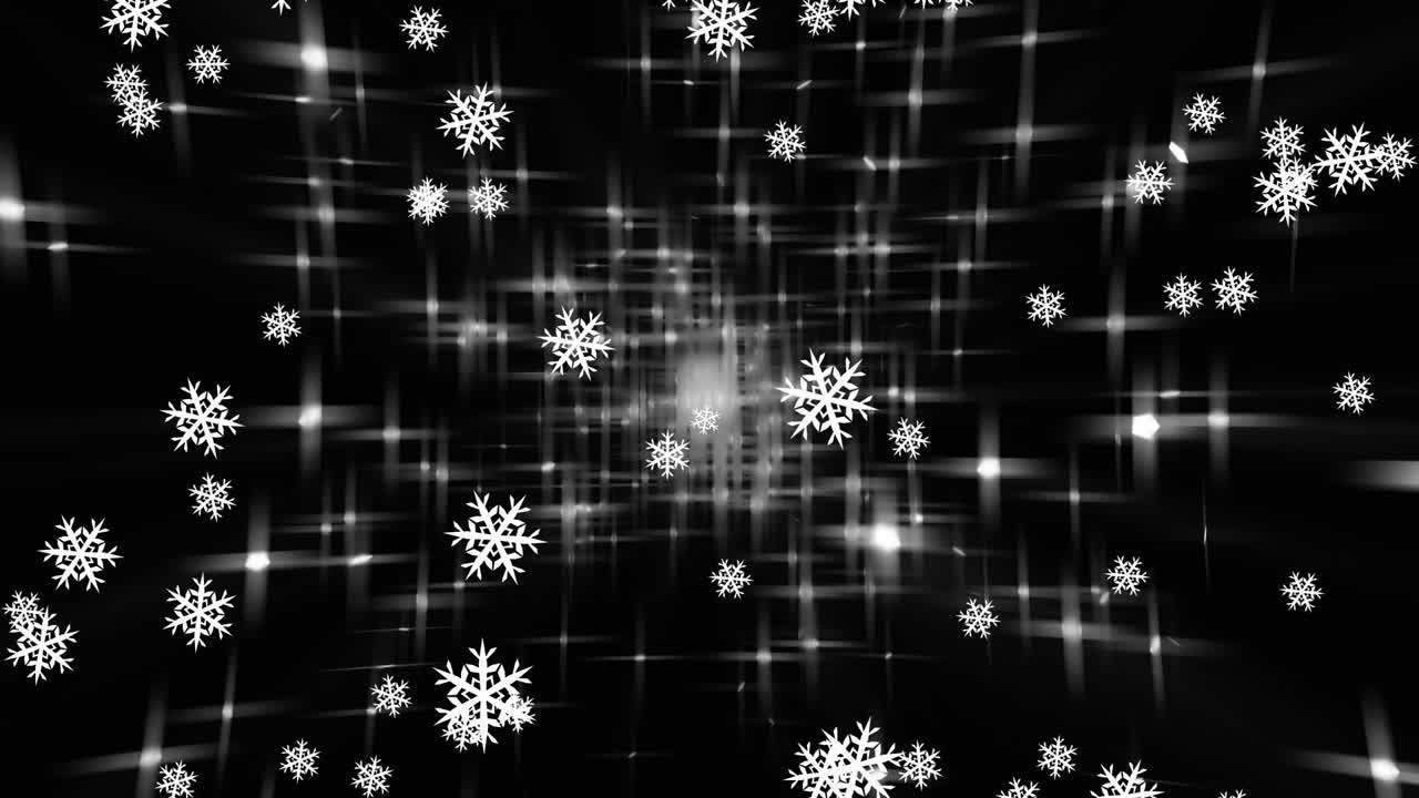 Animation of snow falling over glowing lights on black background