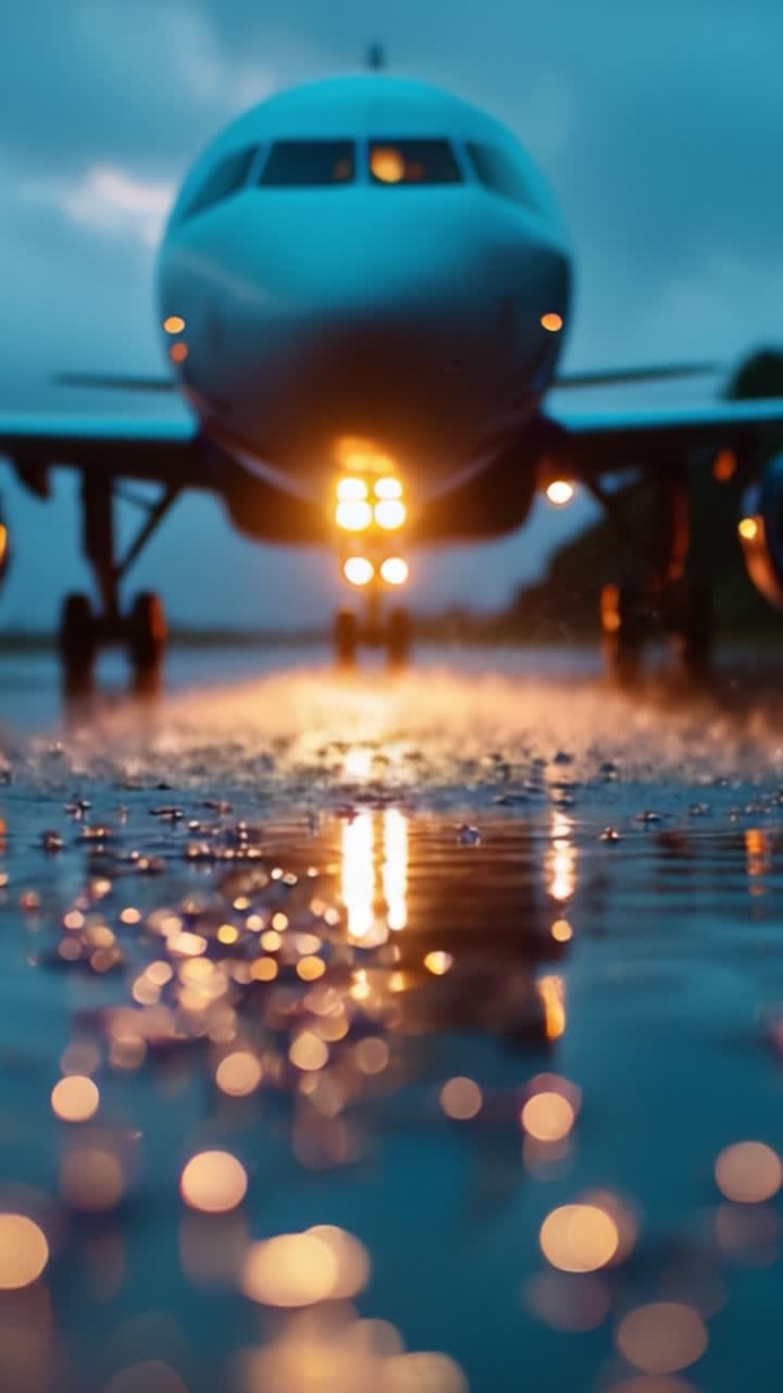 Una vista de cerca de un avión en una pista mojada al anochecer, mostrando reflejos e iluminación en un entorno atmosférico dramático.