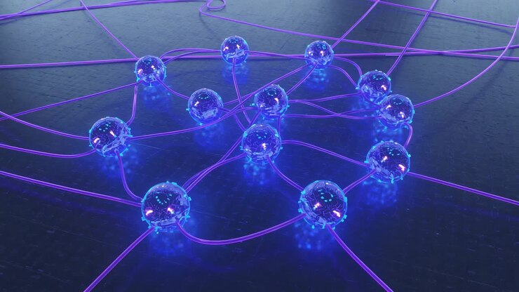 Showing blue glass nodes rising sparks, shifting purple cables on dark plane, frames advancing
