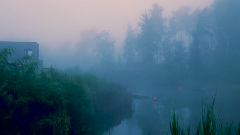 misty morning landscape with pond and building