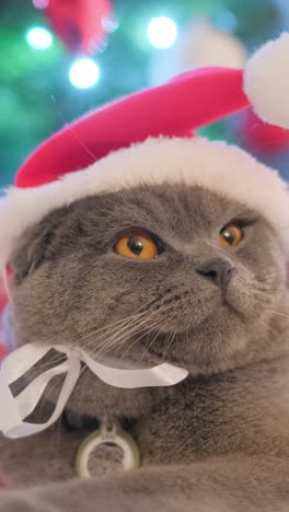 A Funny Gray Cat with Big Eyes Sits in a Santa Hat on a Christmas Background a Funny Gray Cat with Big Eyes Sits in a Santa Hat on a Christmas Background New Years Mood Cute Pets