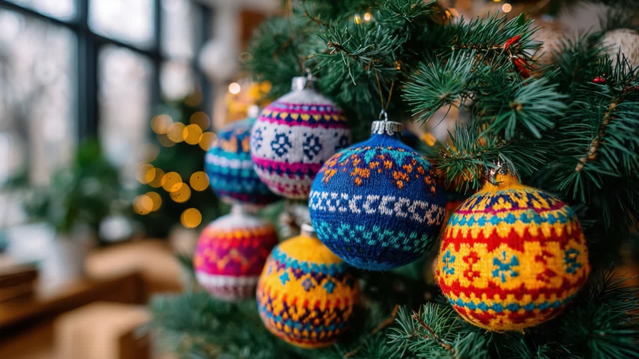 Vibrant and Colorful Handcrafted Christmas Ornaments Adorning a Festively Decorated Tree in a Cozy Environment, Evoking a Warm Seasonal Spirit