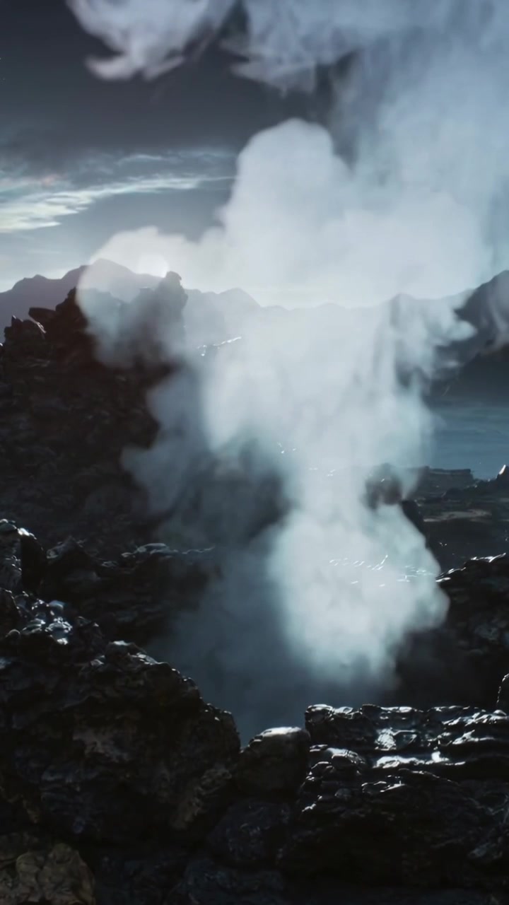 Video verticale: Una bocca di sfiato calda emette un pennacchio di vapore che sale dal calore della terra su un campo di lava roccioso