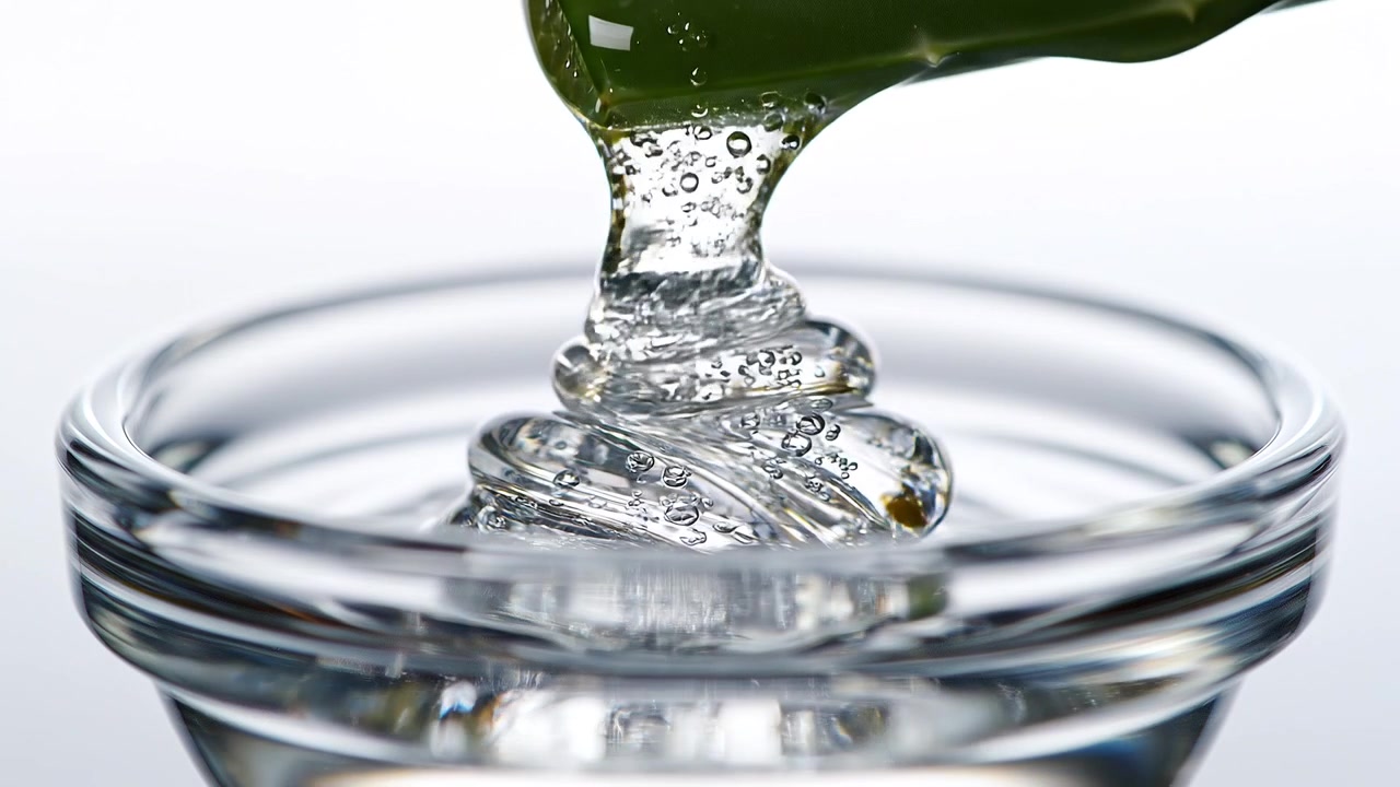 Tuoretta aloe vera -mehua tippumassa lehdestä lasikulhoon