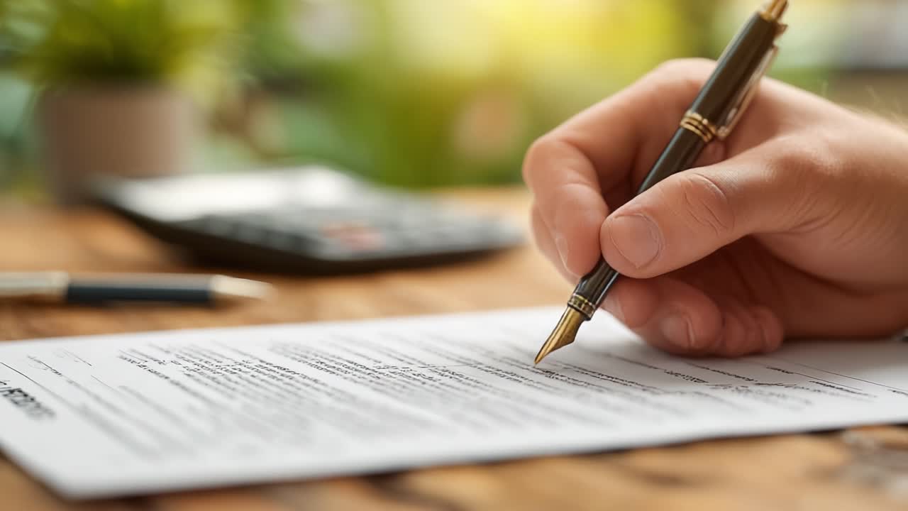 Primo piano dettagliato su scrittura a mano su un documento circondato da strumenti da ufficio, che indica importanti processi decisionali e mansioni amministrative in un ambiente verde lussureggiante
