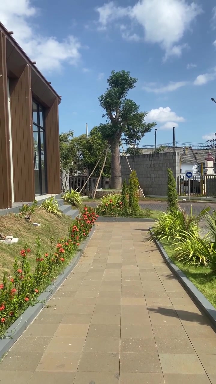 Sentiero pavimentato con giardino rigoglioso e edificio moderno in una giornata di sole