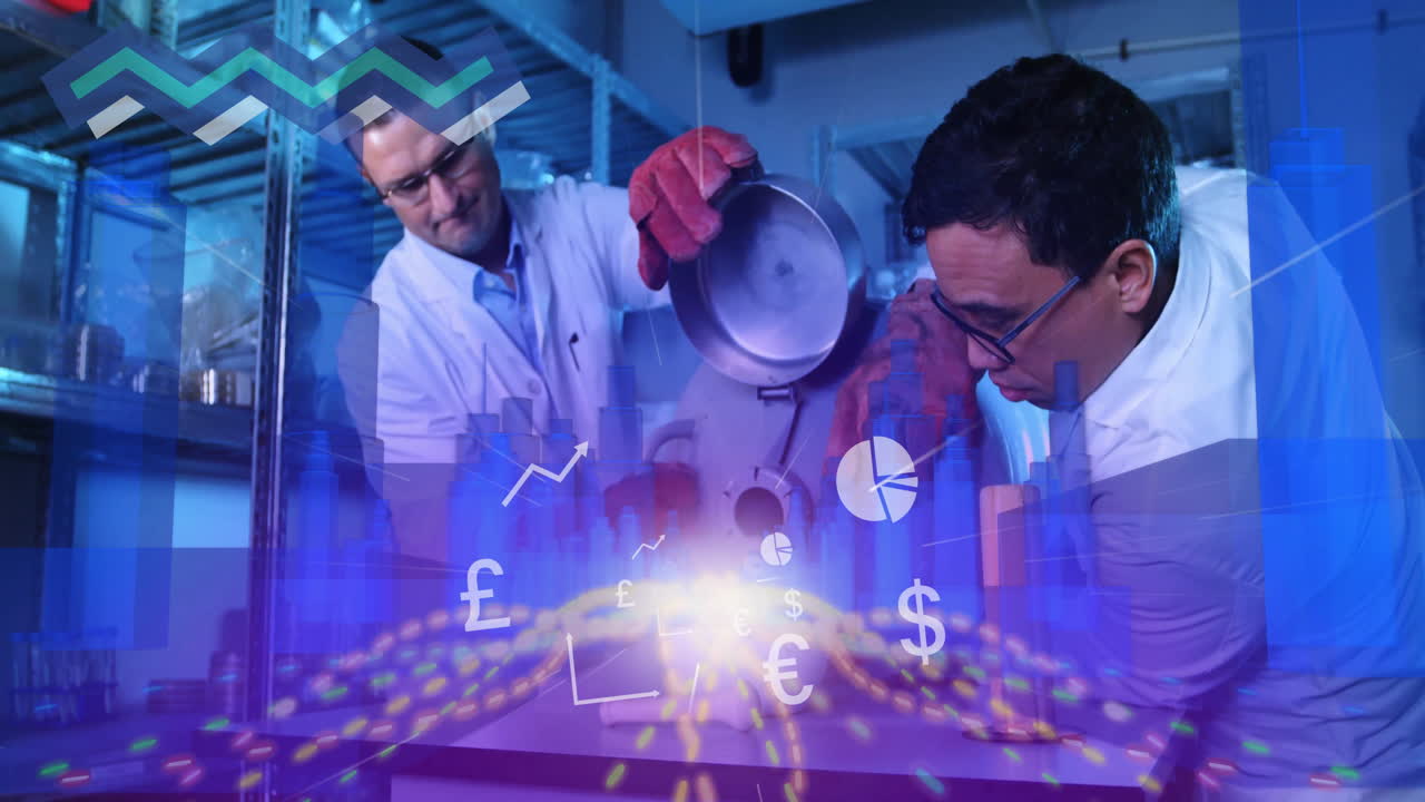 Scientists in lab coats conducting experiment with digital data animation overlay