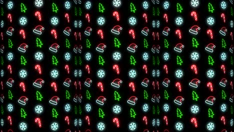 Neon-Christmas-Pattern-Background-of-Christmas-Tree,-Snowflake,-Santa-Hat-and-Candy-Cane-in-Red-Black-and-White-Looping-animation