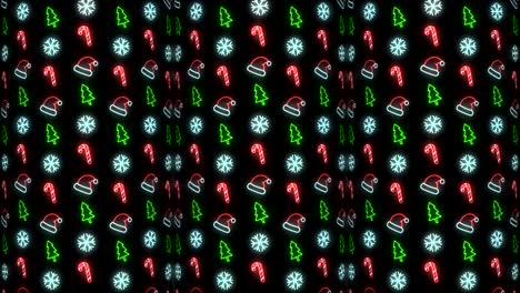 fondo de patrón navideño de neón de árbol de navidad, copo de nieve, sombrero de santa y bastón de caramelo en animación en bucle rojo, blanco y negro