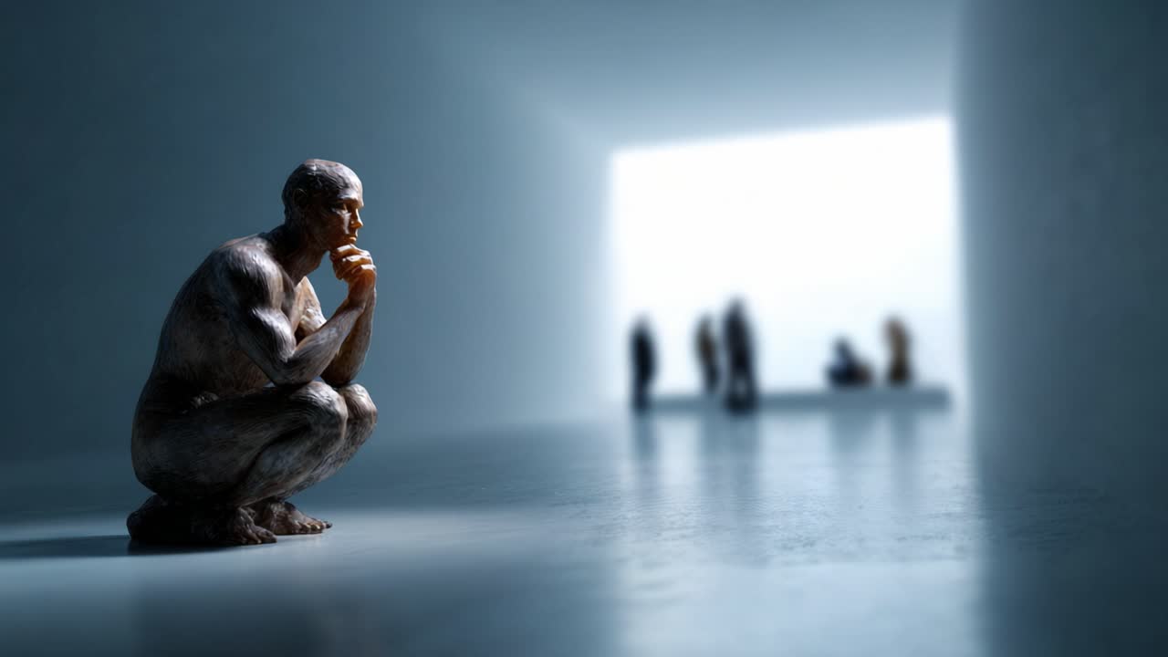 A Thoughtful Sculpture Contemplates Life in a Serene, Abstract Space with Silhouettes in the Background, Evoking Deep Reflection and Introspection