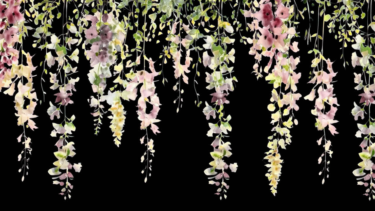 Delicate hanging floral cascade animated overlay, transparent 4K video, alpha channel, ProRes 4444