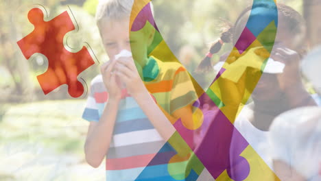 animación de coloridas piezas de rompecabezas cinta sobre los niños estornudando