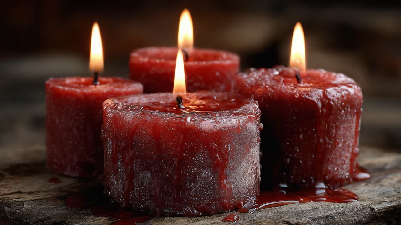 Una tranquilla esposizione di candele rosse luminose con cera che si scioglie su una superficie di legno rustico, creando un'atmosfera calda e invitante per qualsiasi ambiente.