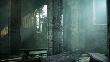 abandoned church with benches and light beaming through windows