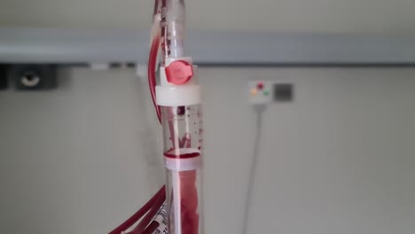 close-up of a blood iv drip in a hospital setting
