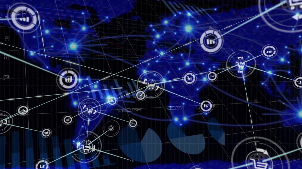 animación de la red de conexiones con iconos sobre el mapa del mundo