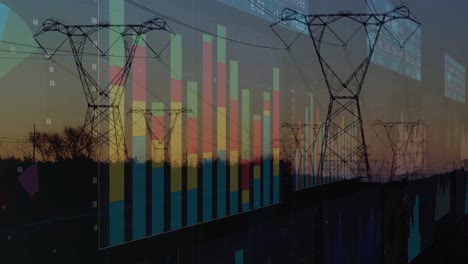 animation of financial data processing over electricity pylons and landscape