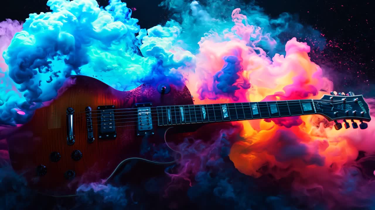 A guitar is shown in a colorful smokey background. The guitar is positioned in the center of the image, with its neck and head visible