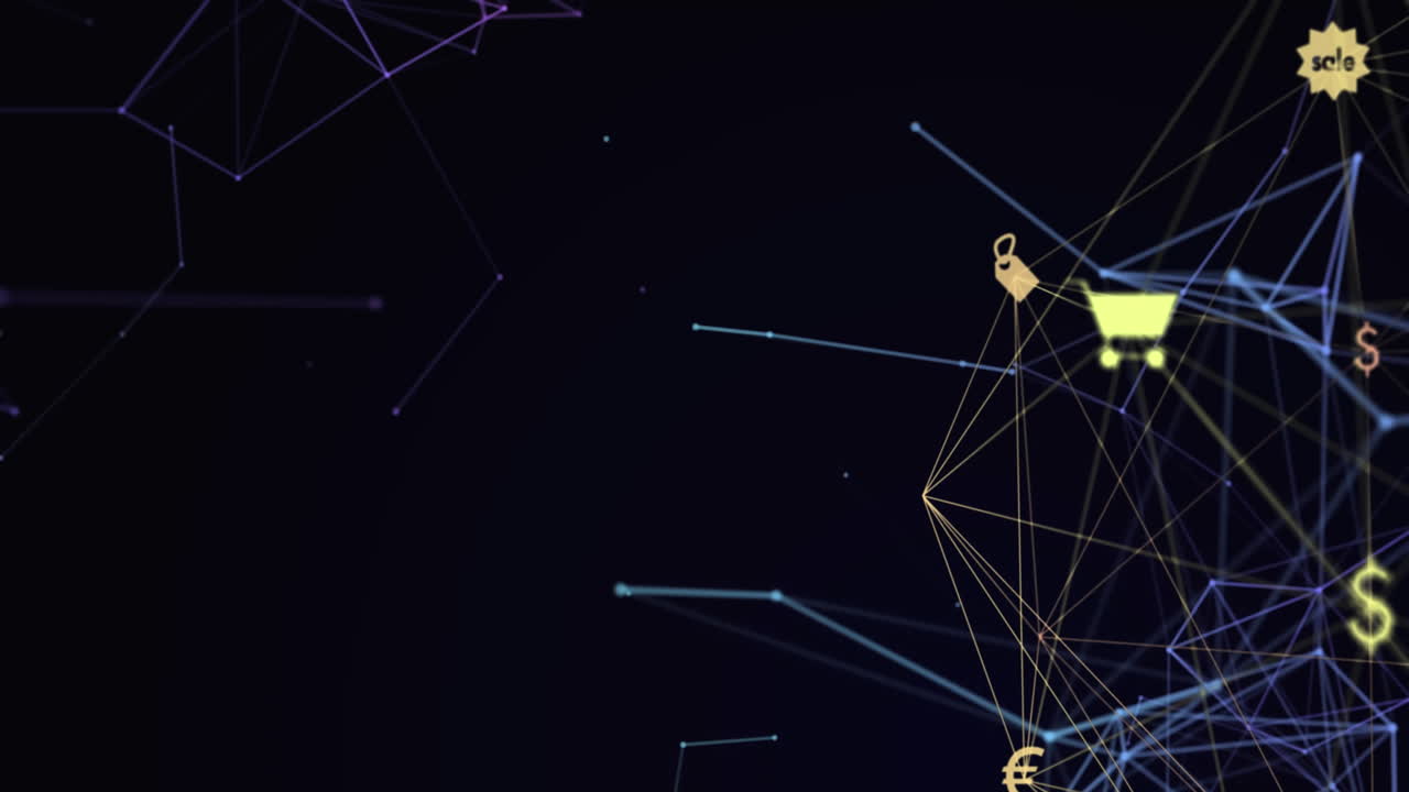 animación de un globo de iconos digitales girando y una red de conexiones contra un fondo negro.