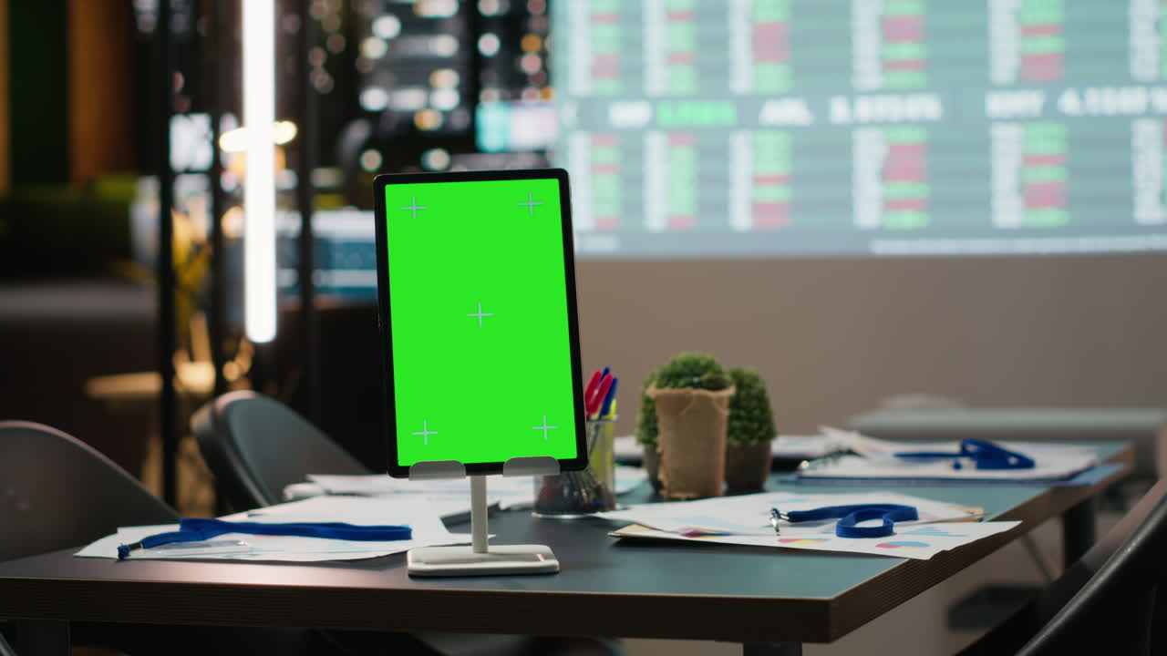 Empty copy space on device in the boardroom with charts on projection board