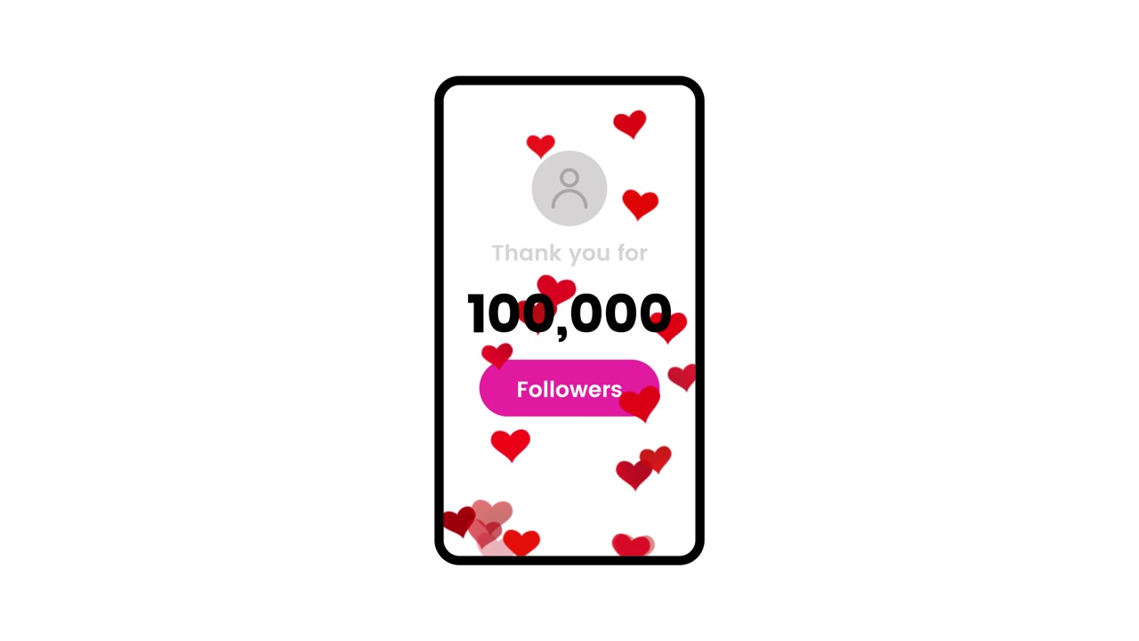 Contatore di follower per smartphone con animazione di icone a cuori fluttuanti, isolato su sfondo bianco