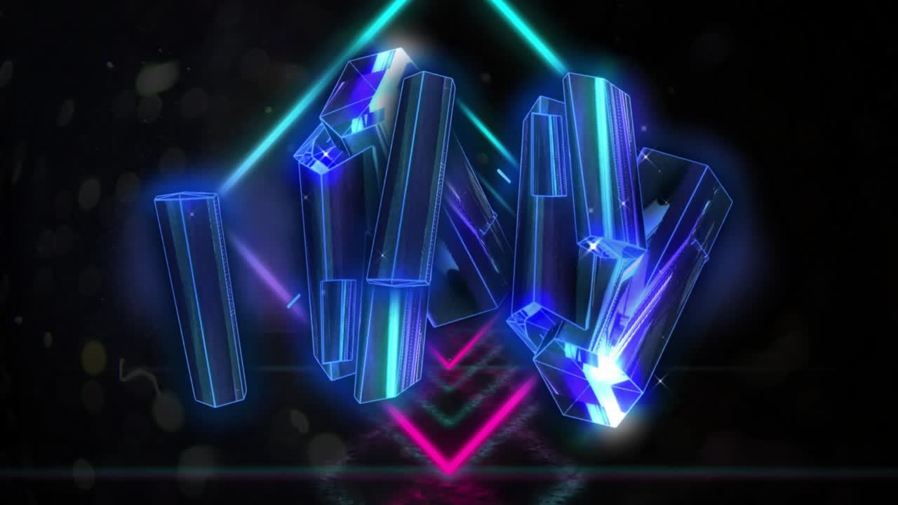 Animation of glowing blue blocks spinning over neon shapes moving on black background
