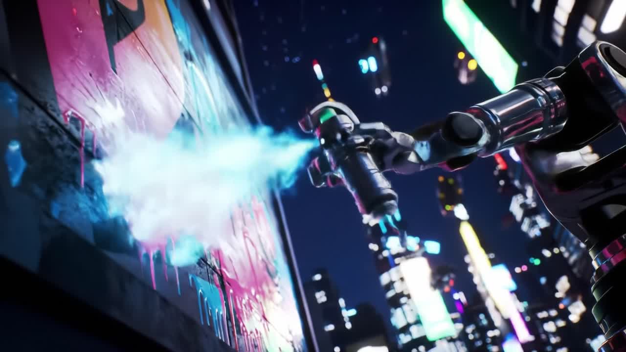 A robotic arm skillfully sprays colorful paint onto a wall, bringing bold designs to life. The bright colors stand out against the backdrop of a neon-lit urban skyline.