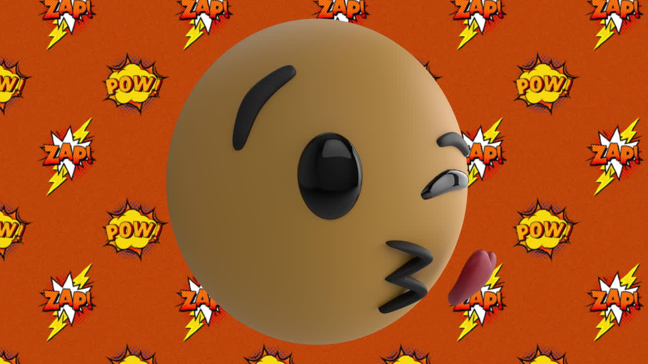 오렌지색 배경에 대한 음성 거품에 zap 및 pow 텍스트를 통해 키스 얼굴 이모지