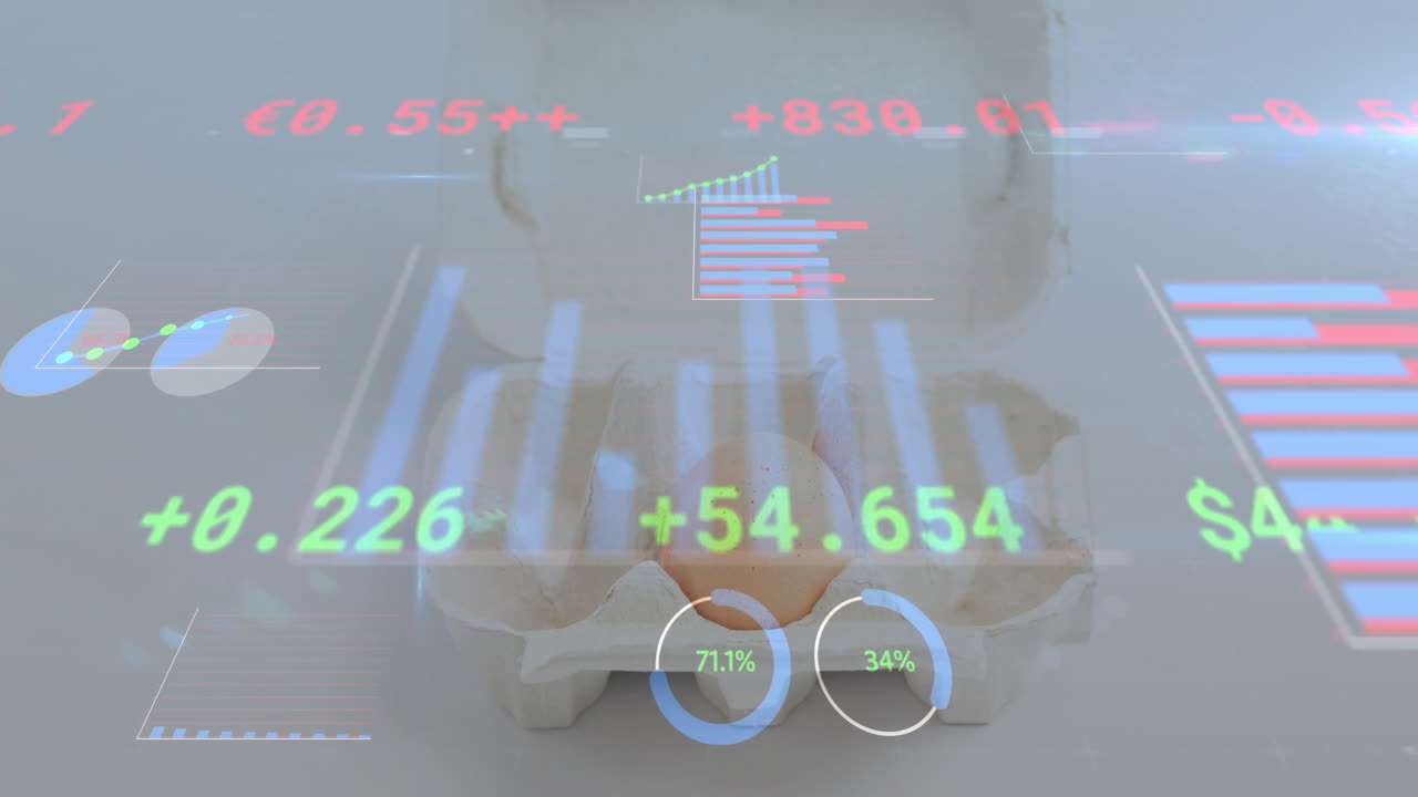 Speckled brown egg being showcased in pulp carton, showing floating green financial charts