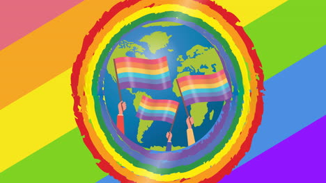 animación de banderas del arco iris con globo sobre rayas del arco iris