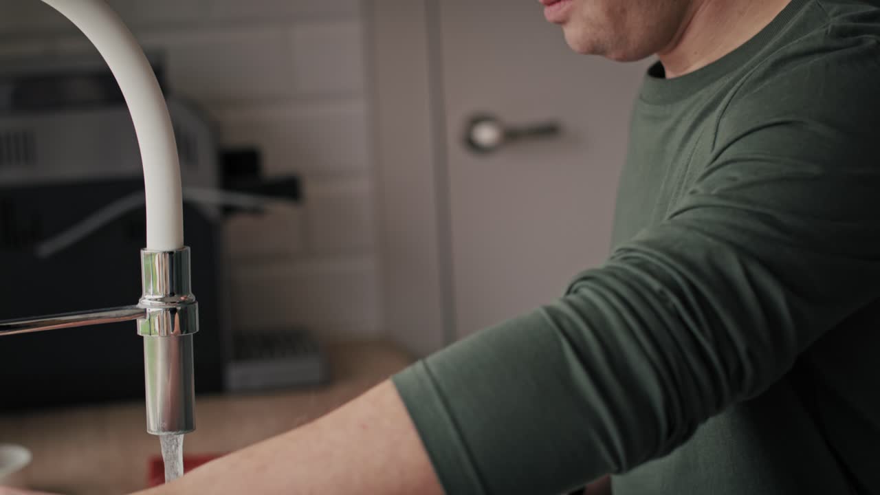 다운 증후군 을  ⁇ 고 있는 성인 백인 남성 이 집 에서 접시 를  ⁇ 는 측면 의 모습