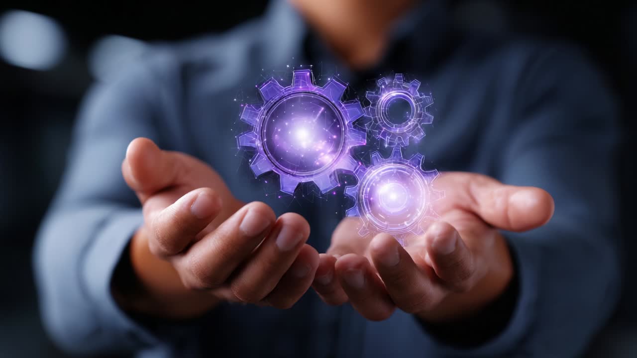 A person delivering a visual representation of innovative technology through luminous gears that symbolize the merging of creativity and engineering, illustrating the essence of productivity and invention