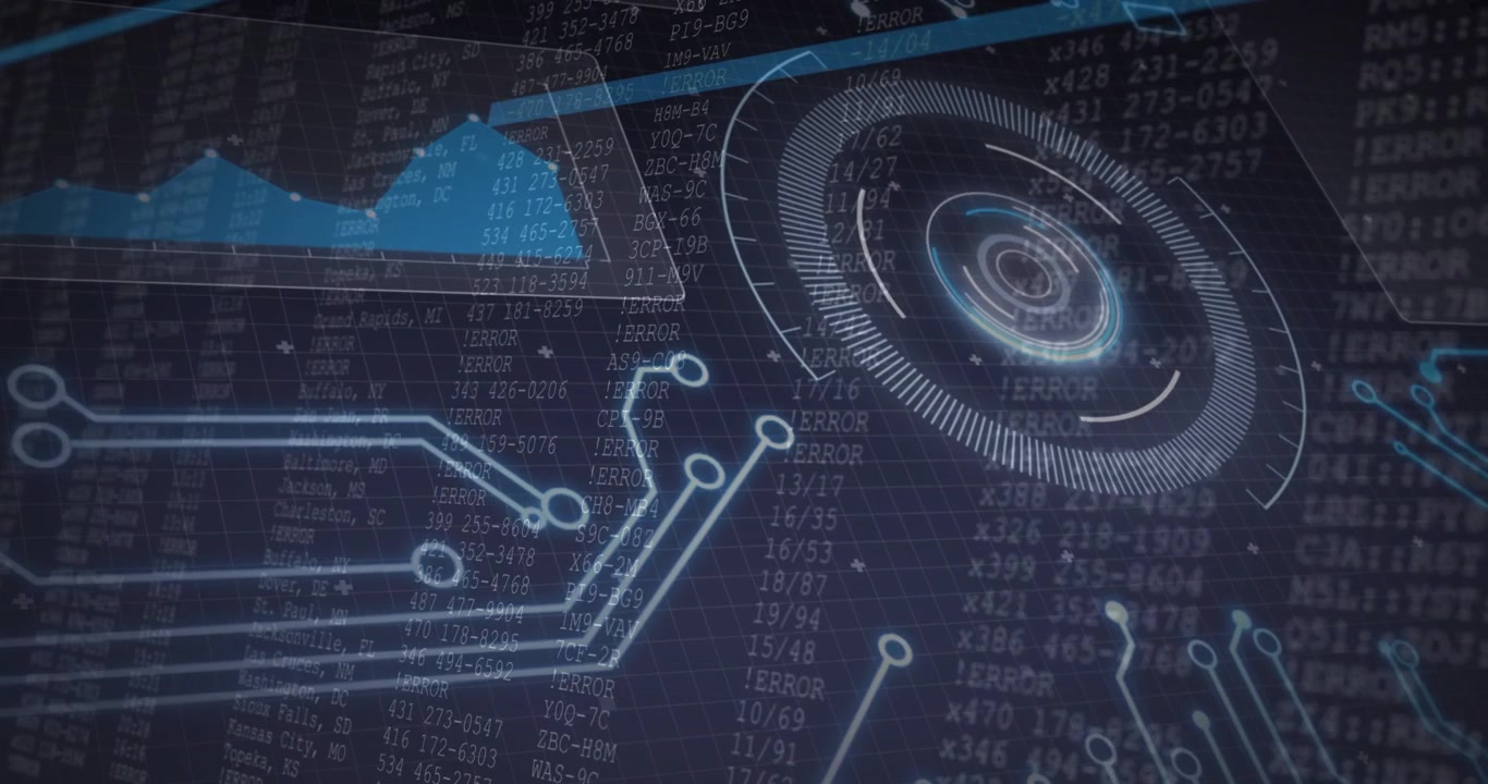 Animated Digital Data Display with HUD and Circuit Board Connections