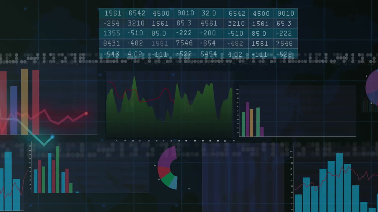 Animation of statistics and financial data processing over screens