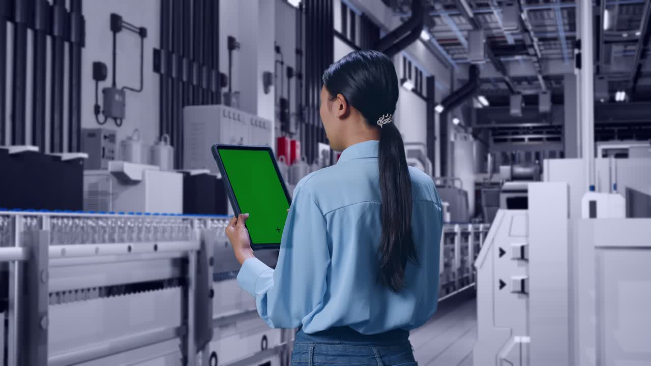 Back View Of Asian Female With Water Production in Bottling Factory, Checking On Tablet With Green Screen And Look At The Factory Once