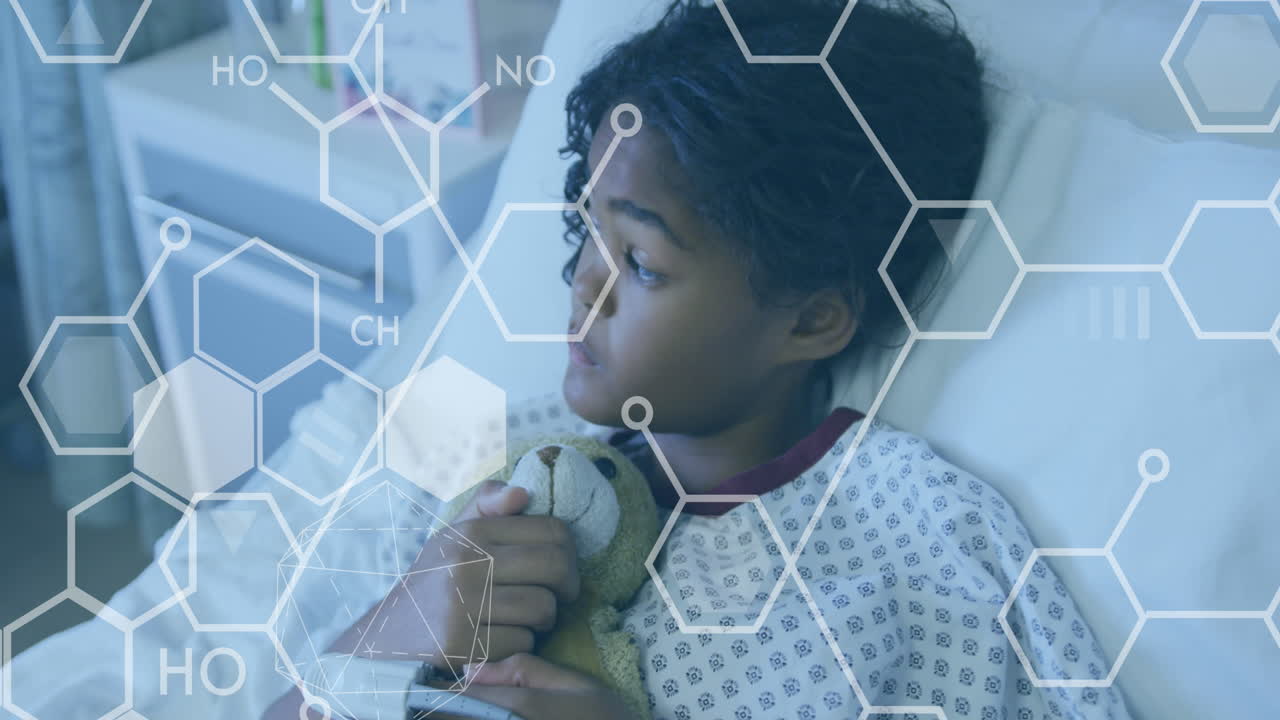 Animation of chemical compounds over sick girl in hospital bed