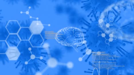 covid-19 cells and data processing against blue background