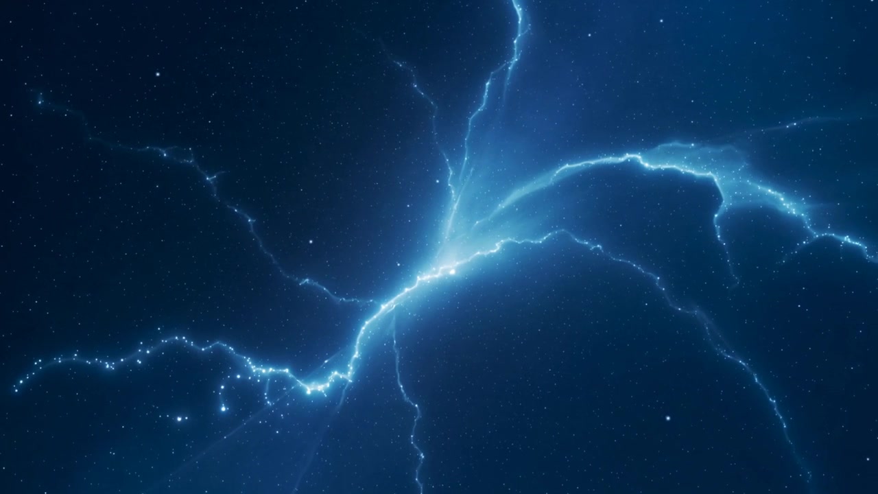 Ortaya çıkan parlak düğüm, enerji dalgası yayarak, kıvılcımlarla birlikte lacivert yıldız tarlası boyunca filamentler gönderiyor.