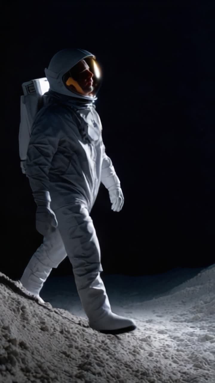 An Astronaut Explores the Lunar Surface, Captivated by the Celestial Beauty and Vastness of Space in a Dark, Moonlit Landscape Evolving Through Time