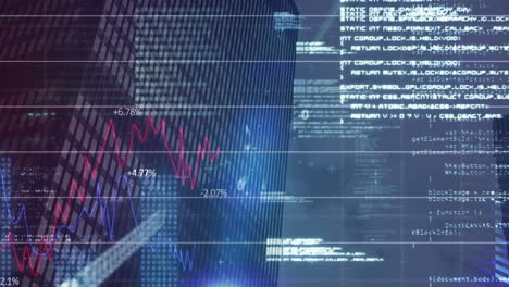 procesamiento de datos financieros a través de la red de red contra edificios altos en el fondo