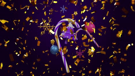 Animation-of-confetti-over-christmas-tree-and-decorations-on-black-background