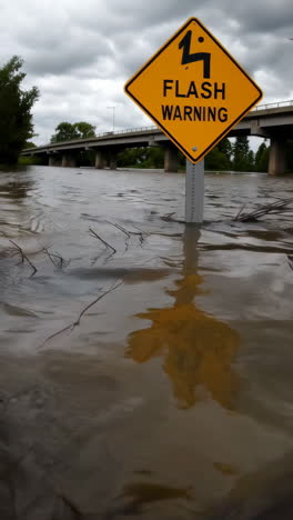 flash warning sign submerged in floodwaters