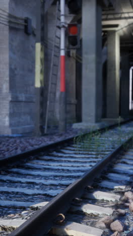 overgrown train tracks under a bridge